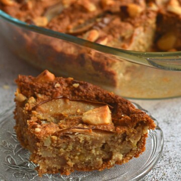 Oats Pear Apple Coffee Bake, with. a slice in the front.