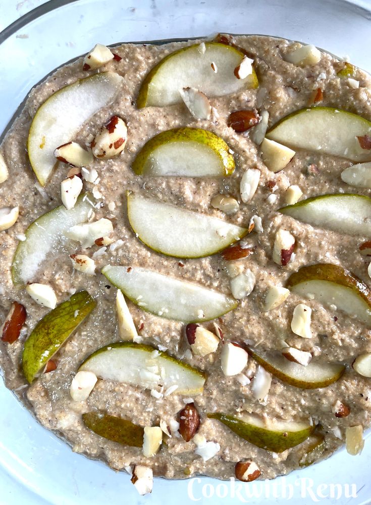 Pear and Pecan are added to the top of the batter as a topping.