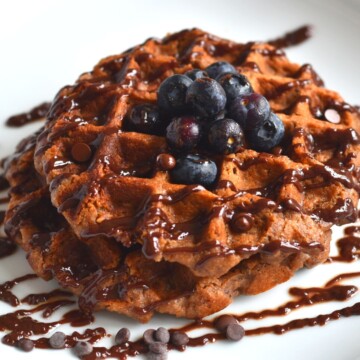 Chocolate Protein Oat Banana Waffles with a drizzle of chocolate and a garnish of chocolate chips and blueberries.