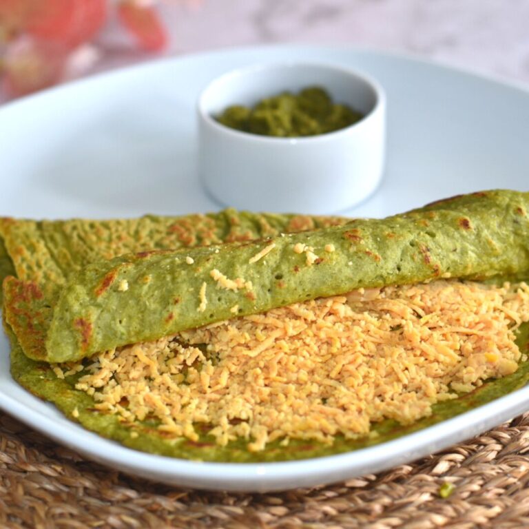 Close up look of Oats and Lentil chila with tempeh filling