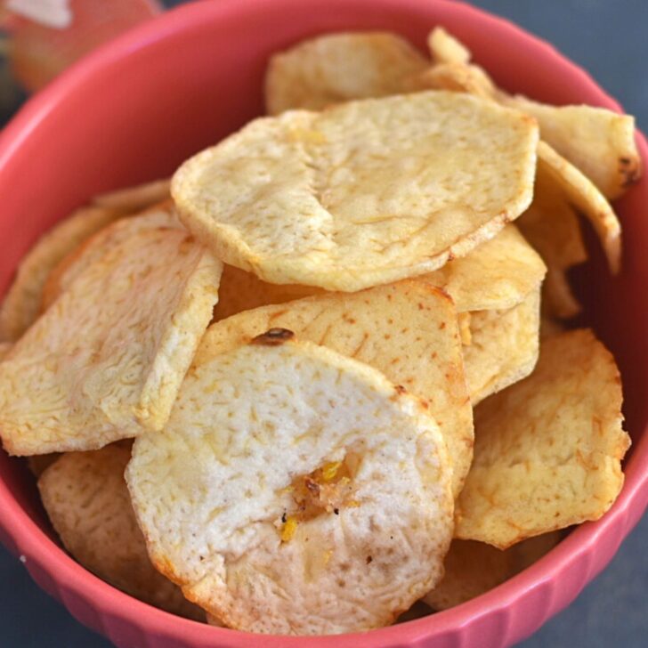 Close up look of Arbi Chips in a red bowl