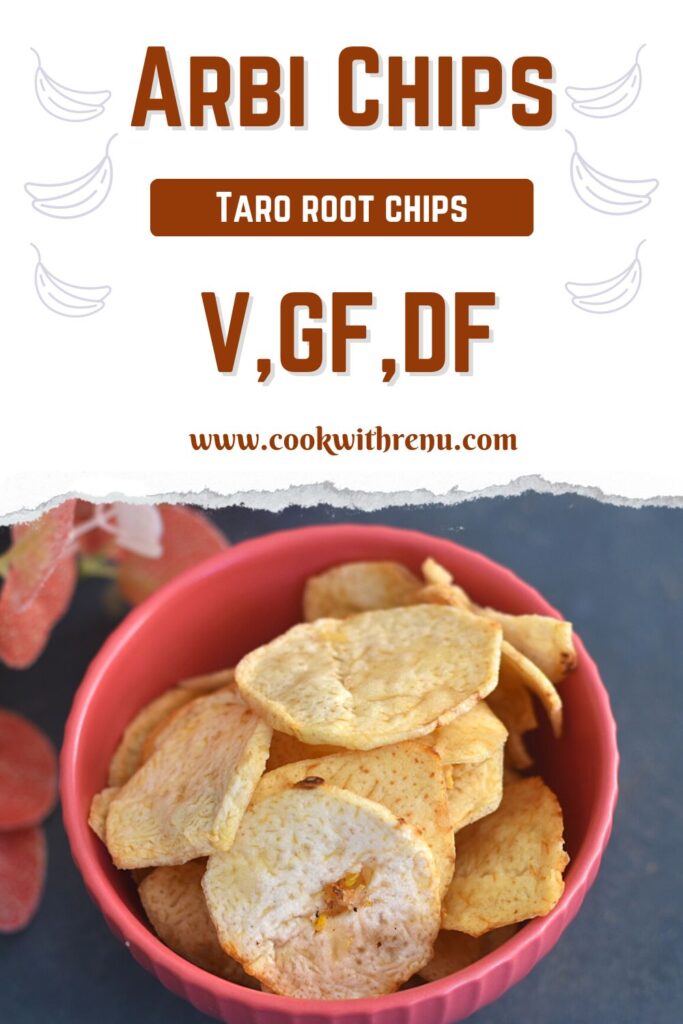 Arbi Chips Pinterest image, where arbi chips is seen in a red bowl