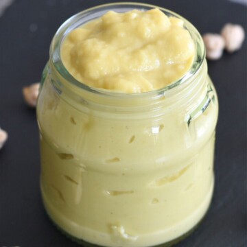 Vegan Mayonnaise using Aquafaba in a glass jar.