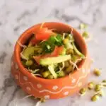 Sprouted Moong Bean Salad in a brown designer bowl.
