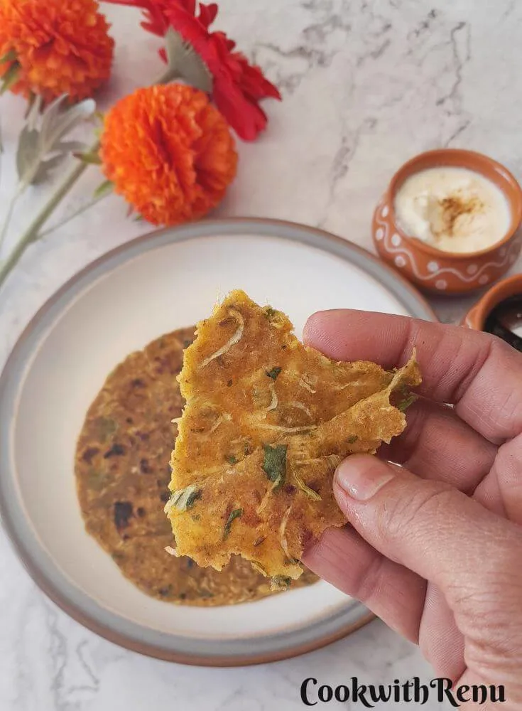 Texture showing the inside of dudhi Paratha. Seen also is yogurt in a bowl.
