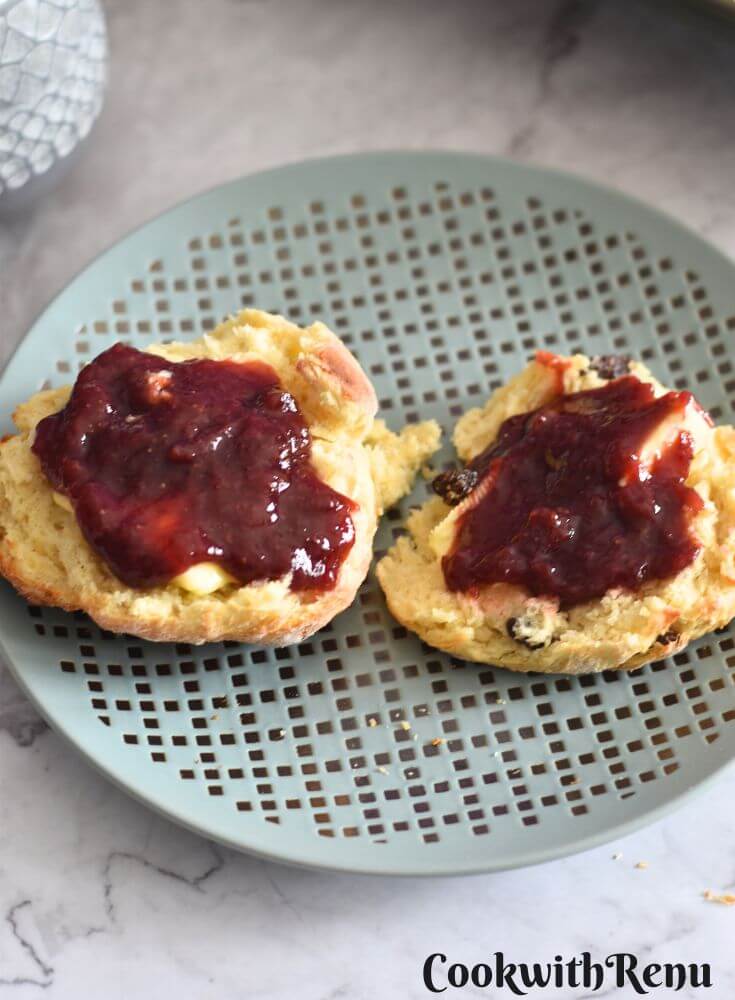 Irish Scones with butter and Jam served in a plate.