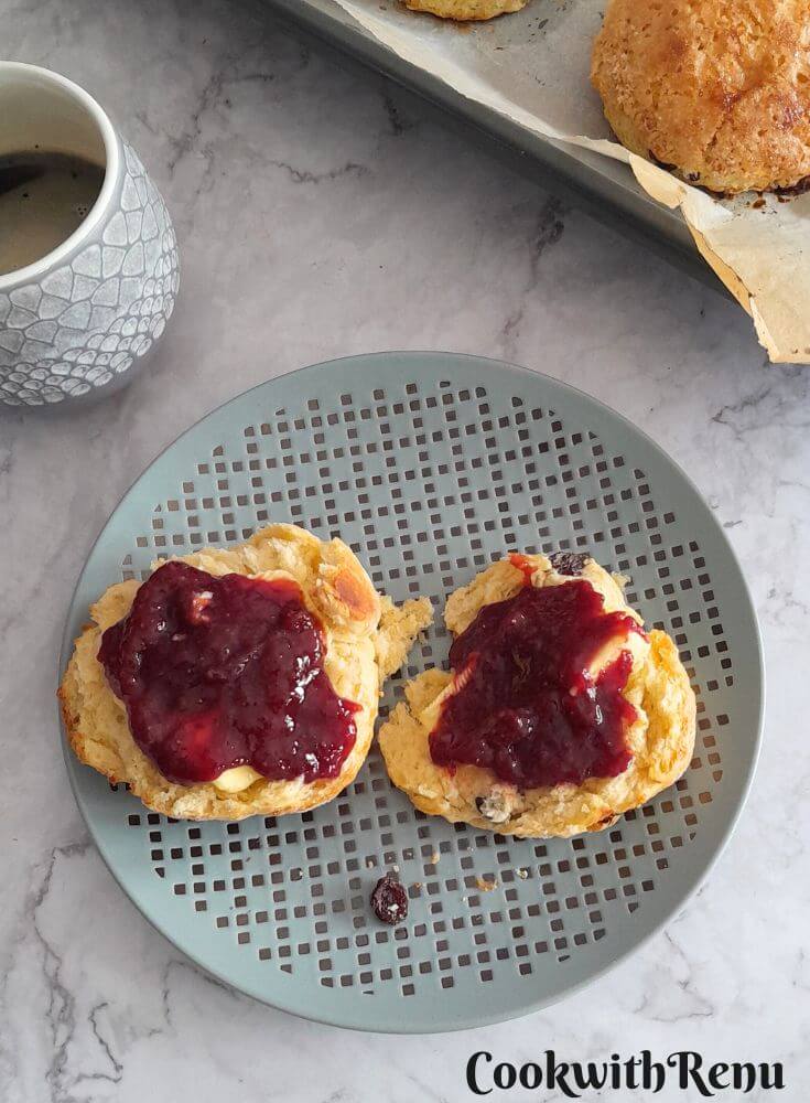 Irish Scones with butter and Jam served in a plate.