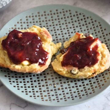 Irish Scones with butter and Jam served in a plate.