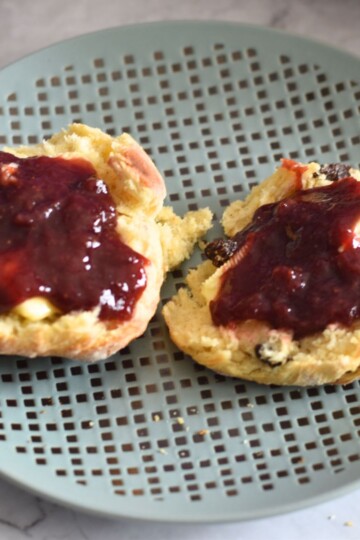 Irish Scones with butter and Jam served in a plate.