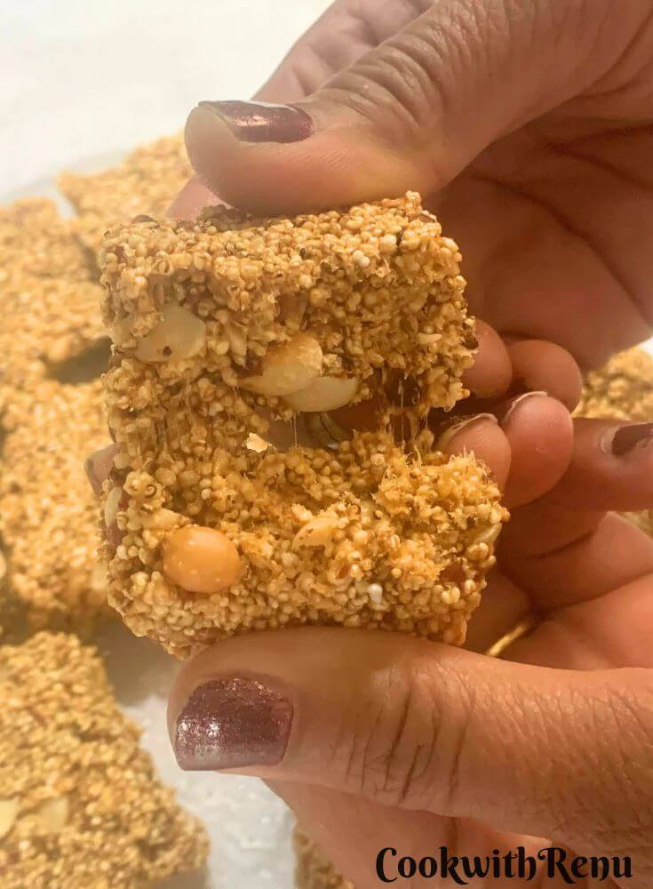 Rajgira chikki broke in a piece and pic showing texture of Rajgira Peanut Chikki.