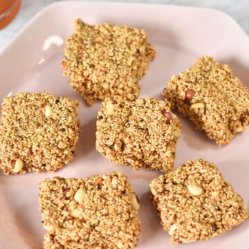 Rajgira Peanut Chikki arranged in a pink plate.