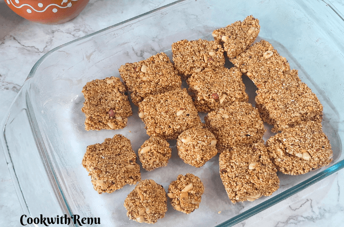 Rajgira peanut chikki in a tray.