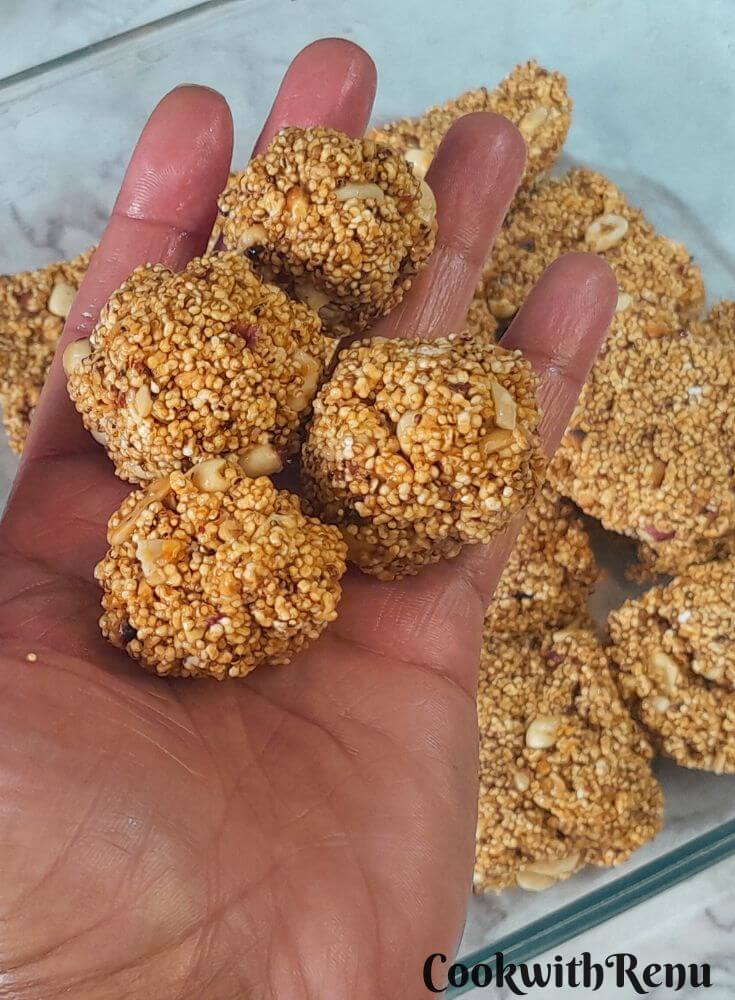 Close up look of Rajgira Peanut ladoo .