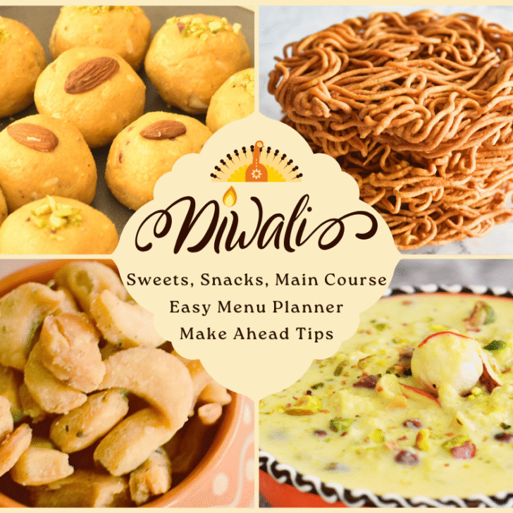 A collage pic showing Dwali sweets, desserts, and 2 snacks.