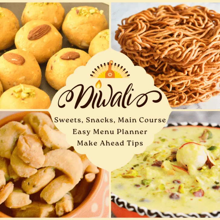 A collage pic showing Dwali sweets, desserts, and 2 snacks.