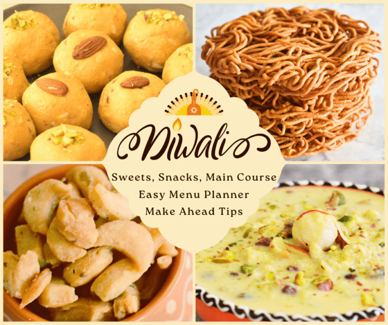 A collage pic showing Dwali sweets, desserts, and 2 snacks.