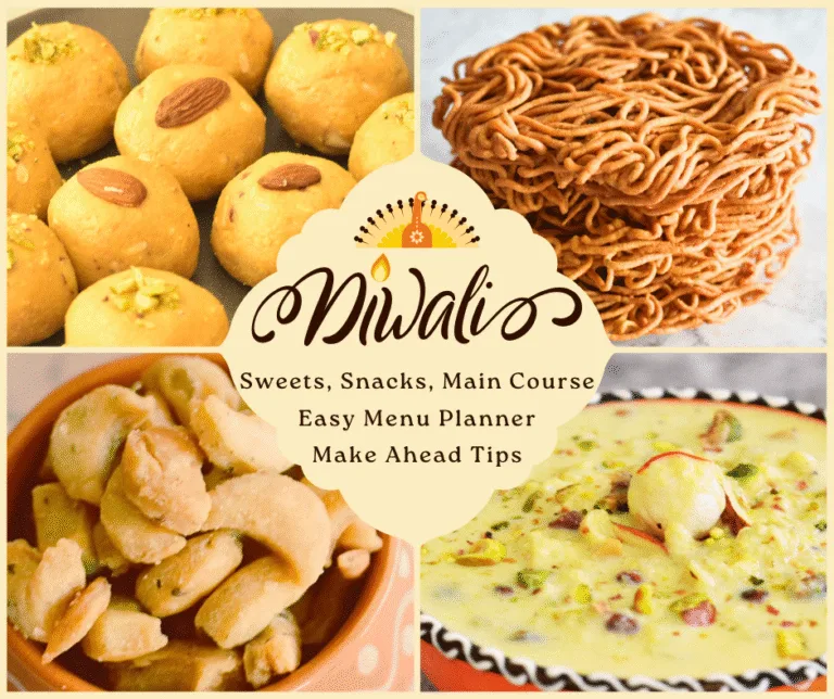 A collage pic showing Dwali sweets, desserts, and 2 snacks.