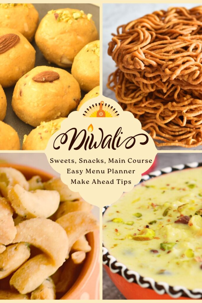 A collage pic showing Dwali sweets, desserts, and 2 snacks.