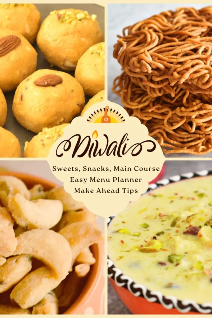 A collage pic showing Dwali sweets, desserts, and 2 snacks.
