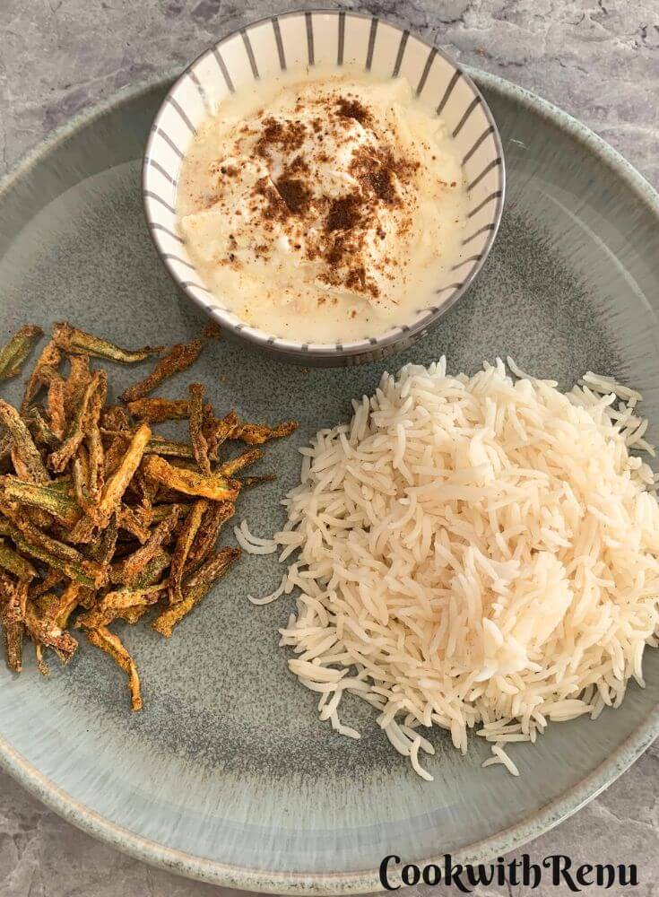 Crispy Okra Thali with Rice and yogurt.