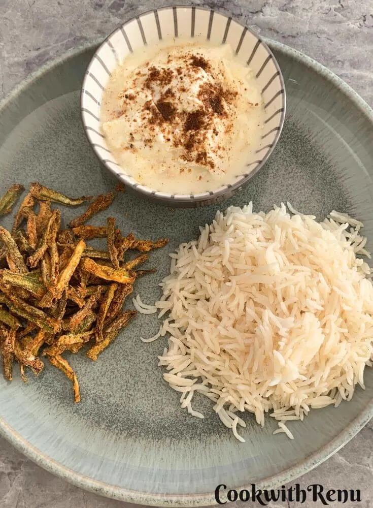 Crispy Okra Thali with Rice and yogurt.
