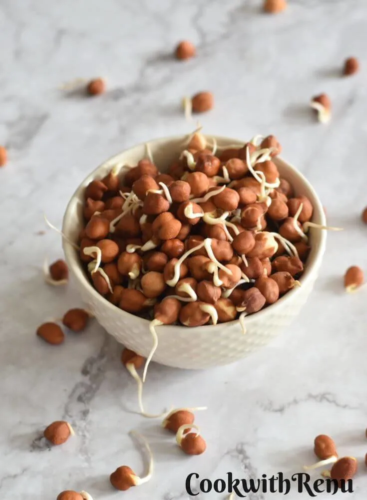 Kala Chana Sprouts in a white bowl with some chana in the background.