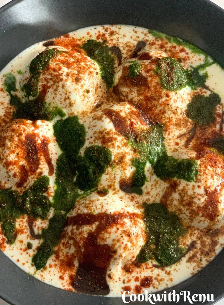 Image showing Dahi Bhalla Chaat in a black bowl