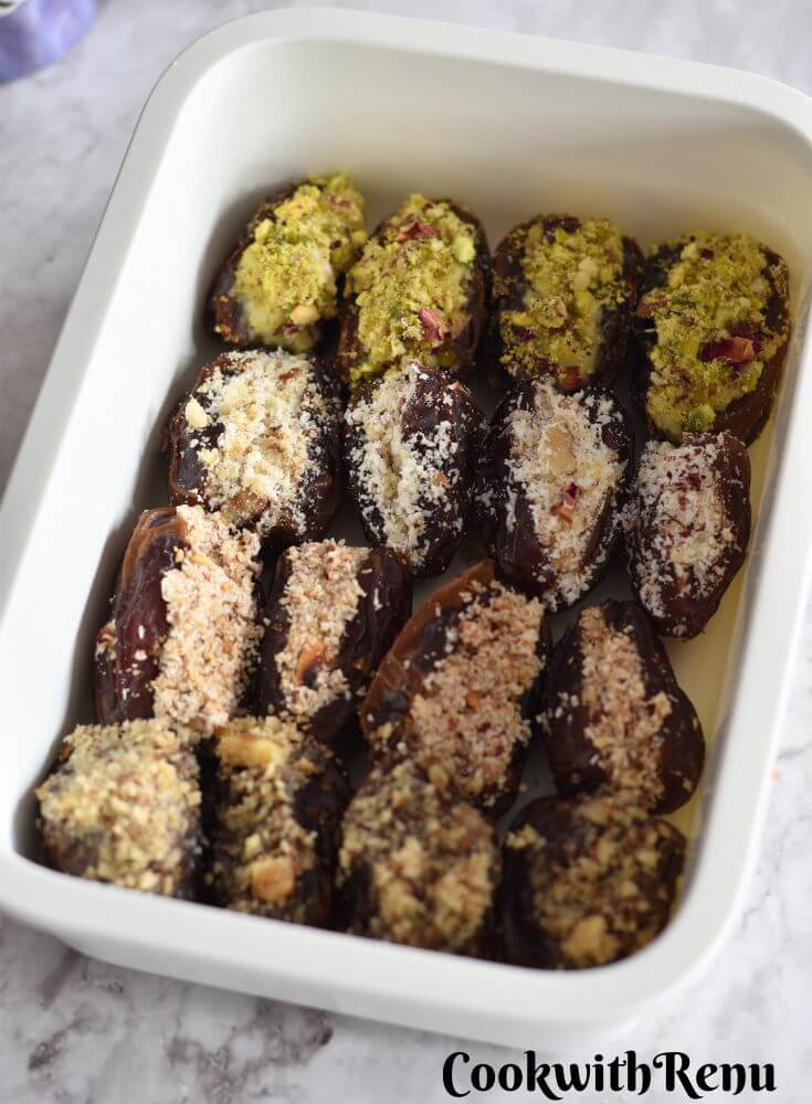 4 types of Stuffed Dates filled in a box for gifting.