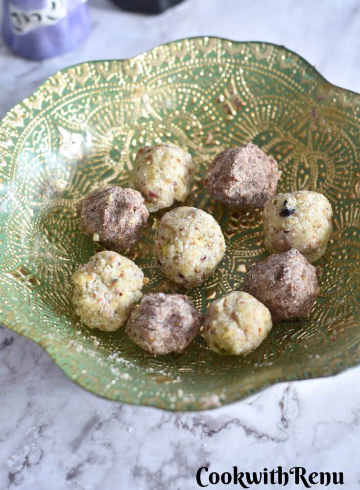 Leftover filling mixture for dates rolled into truffles and served in a plate.