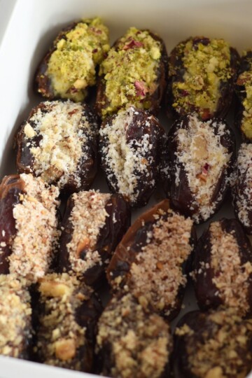 4 types of Stuffed Dates filled in a box for gifting.