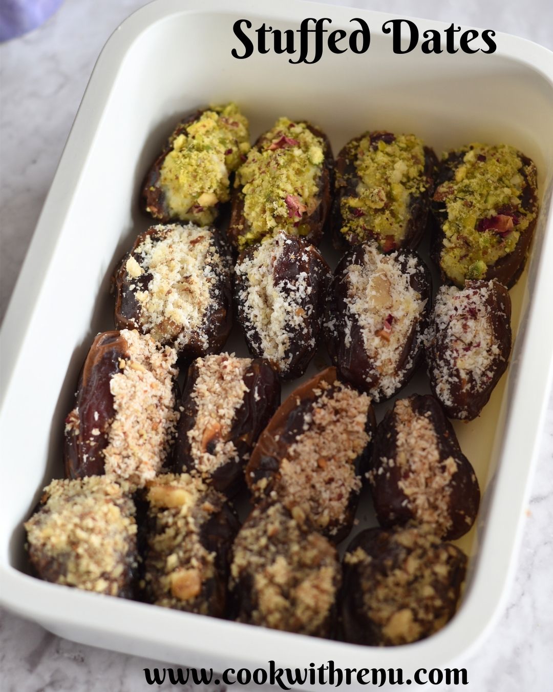 4 types of Stuffed Dates filled in a box for gifting.