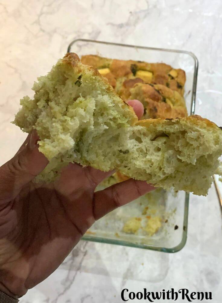 Texture of a slice of No-Knead Green Chutney Focaccia With Tofu