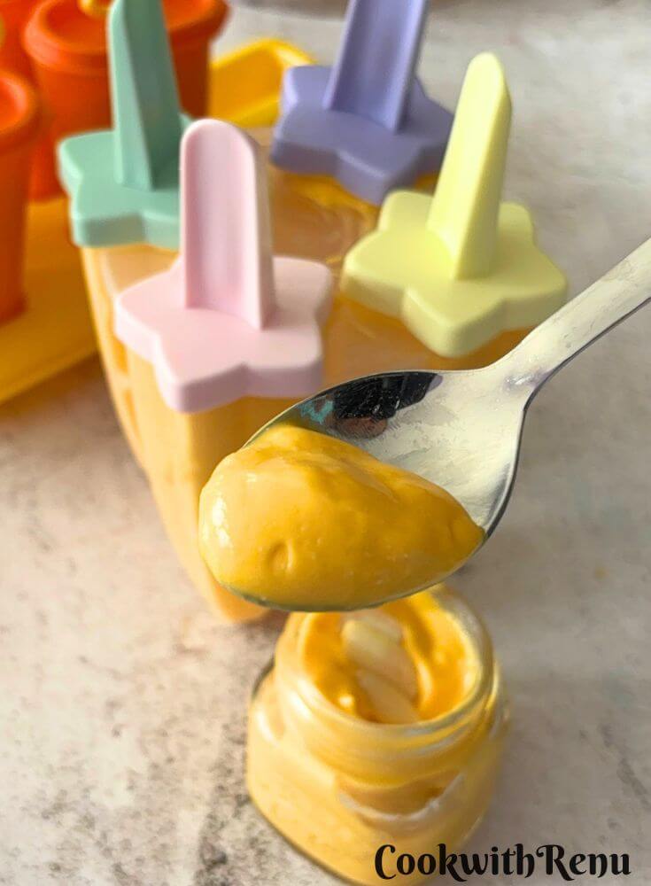 3 Ingredient Protein Rich mango being enjoyed as a breakfat before being freezed.
