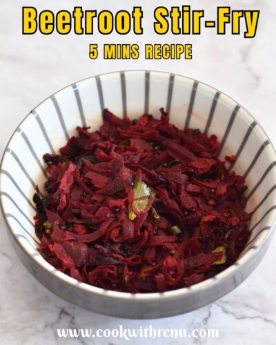 Beetroot Stir Fry served in a white bowl with grey lining.