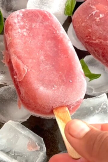 Watermelon Pomegranate Popsicles arranged on Ice cubes with Ice tray.