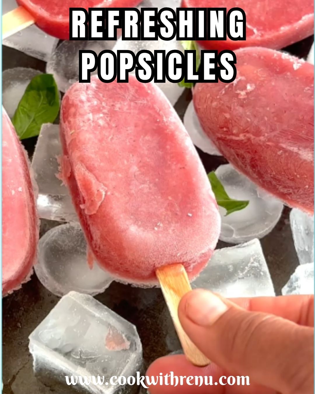 Watermelon Pomegranate Popsicles arranged on Ice cubes with Ice tray.