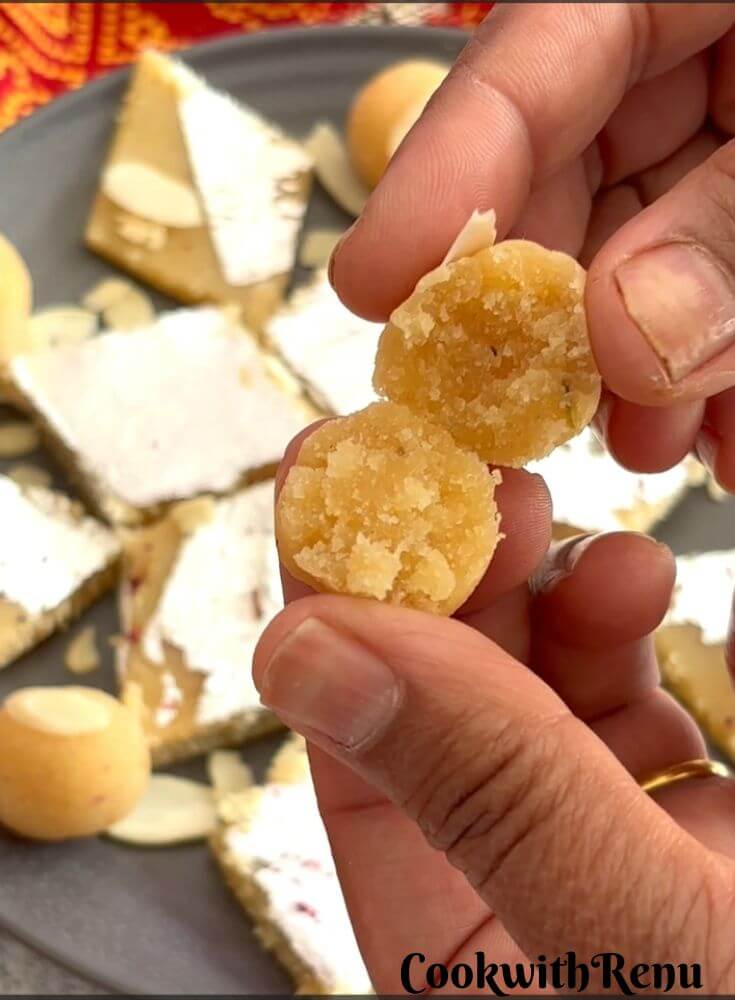 Pic showing a ladoo cut into half showing the inside texture.