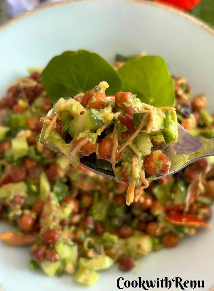 Close-up look of Sprouted Black Chana Salad with Nasturtium Yogurt Dressing in a spoon.