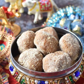 Mathura Ke Pede in a designer box, seen in the background, are some festive Gokulashtami decorations.